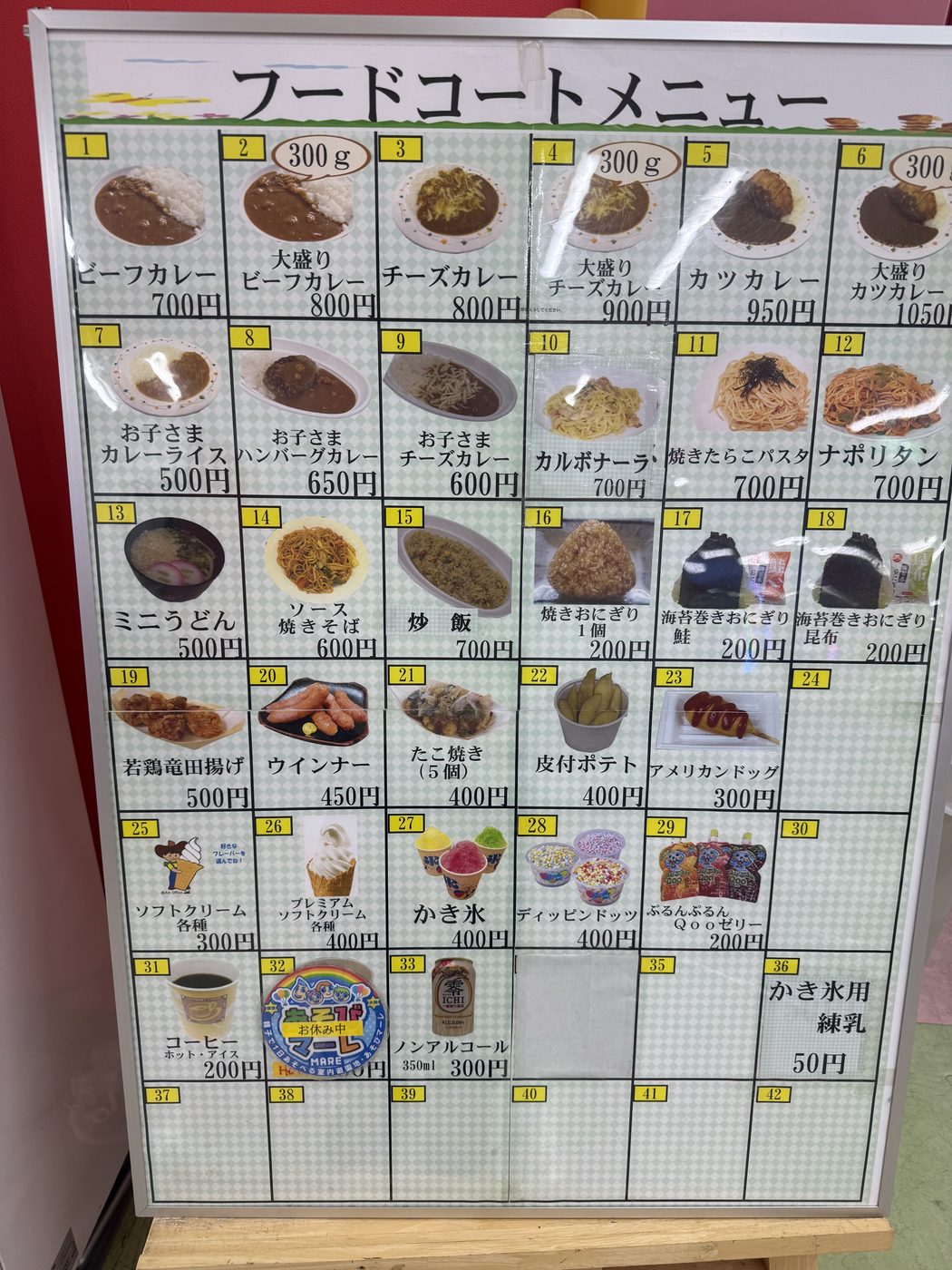 フードコートのメニュー表