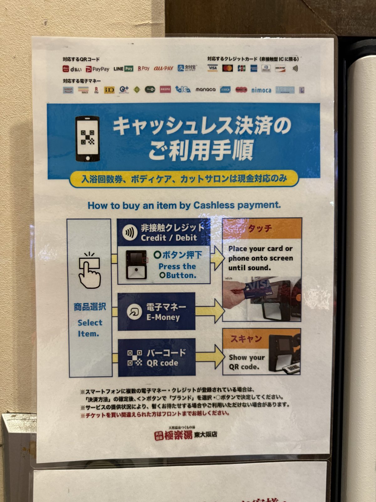 「キャッシュレス決済のご利用手順」と書かれた案内ポスター。対応するQRコード・クレジットカード・電子マネーのロゴが並んでいる