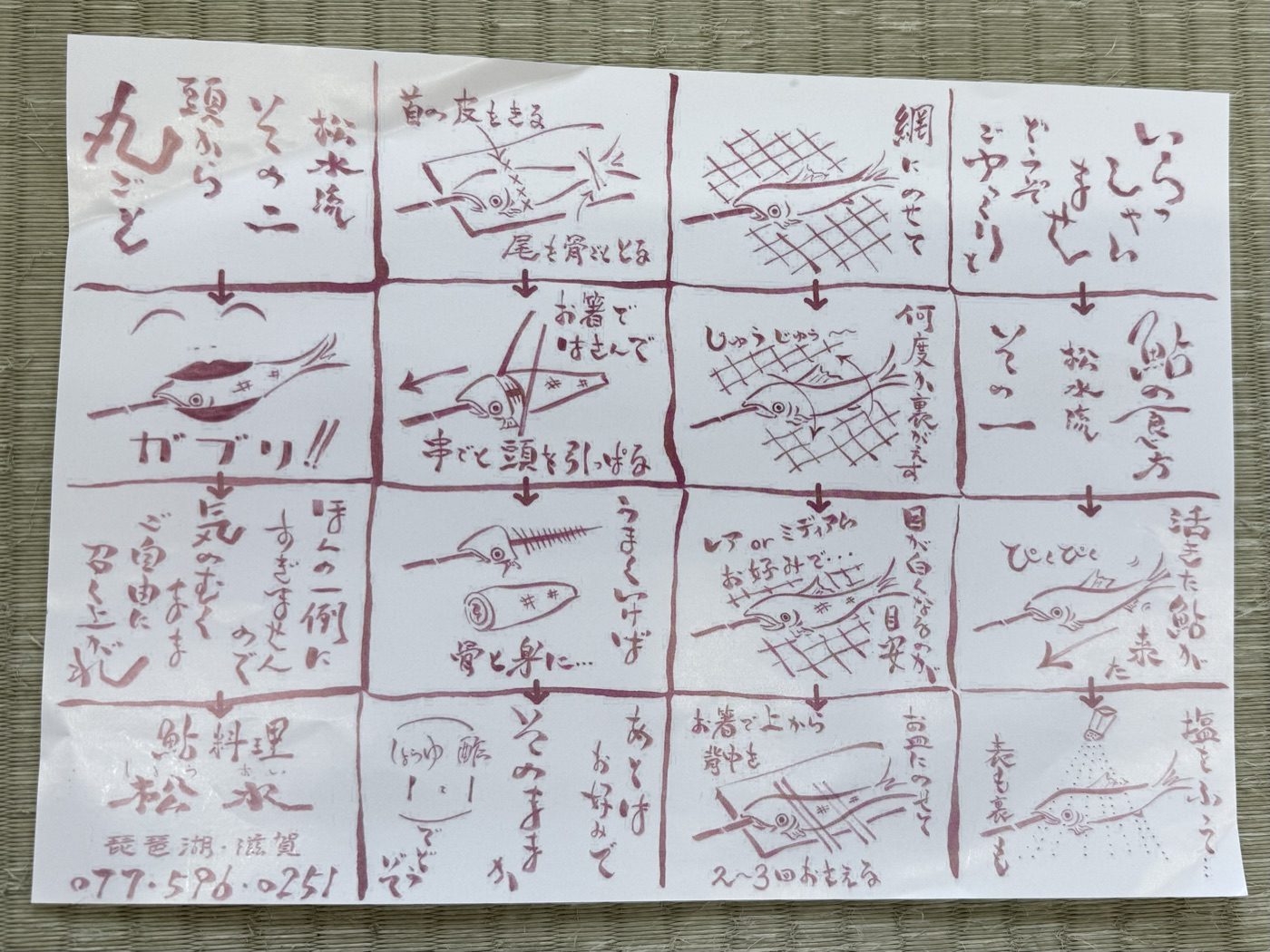 松水流の鮎の食べ方を手書きで説明した紙